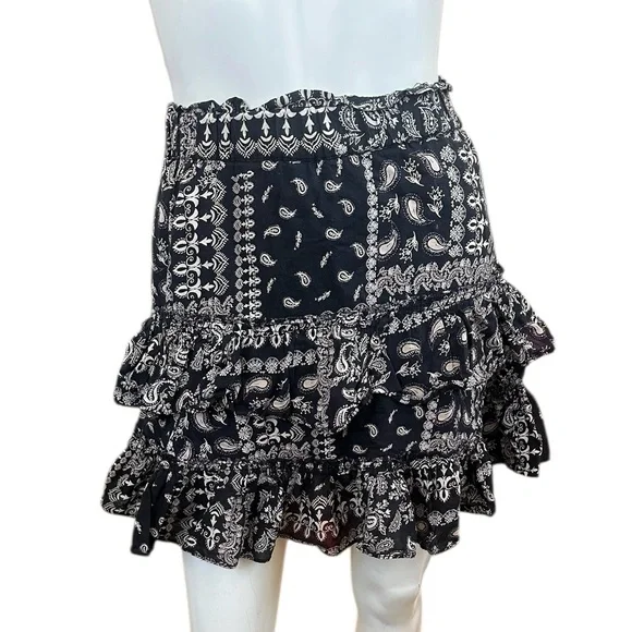 Free People Melissa Muslin Cotton Black & Beige Paisley Tiered Mini Skirt XS - Picture 1 of 11